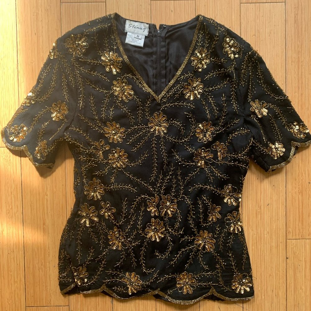 Vintage Black & Gold sequined 100% Silk Top
